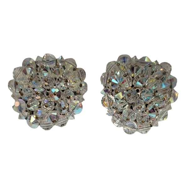 Hobe Vintage Silver-Tone Aurora Borealis Clear Beaded Clip On Earrings Signed
